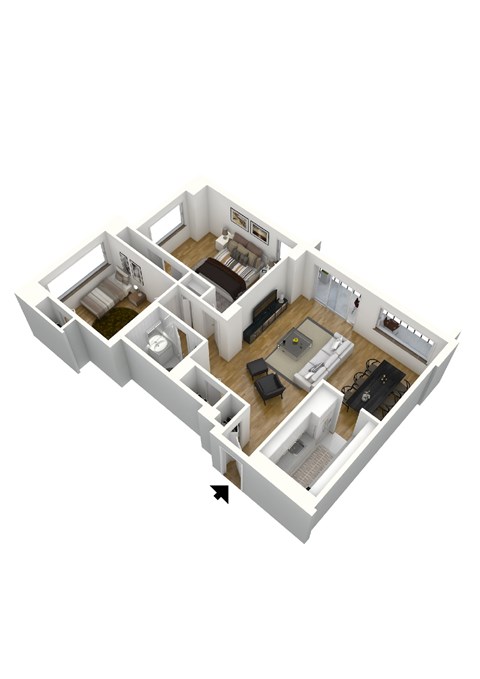 Floor plan for 2 beds, 1 bath, 884 sqft